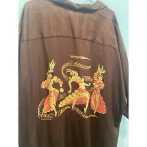 Tommy Bahama Mens Silk Shirt Sz XXL Brown Hula Girls Drum Hawaiian Beach Resort